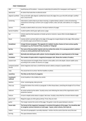 Print Terminology and Recap for A-Level Media Studies