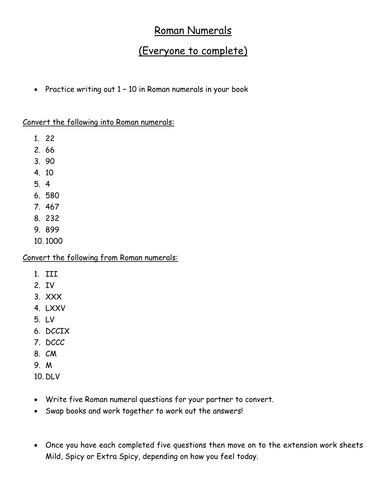 Roman Numerals Worksheet Year 5