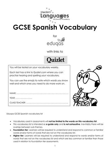 Vocabulary booklet for new Eduqas/WJEC GCSE Spanish spec, with links to Quizlet.com