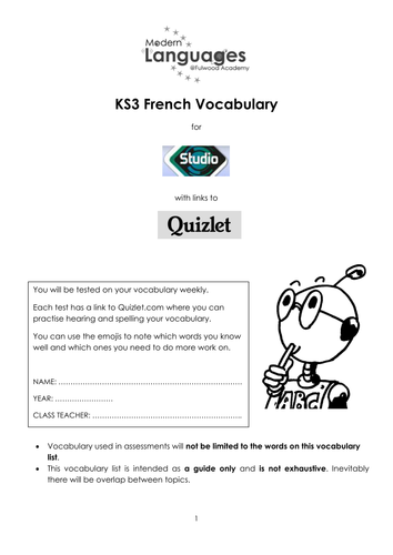 Vocabulary booklet for Studio 1 & 2(Rouge), with links to Quizlet.com