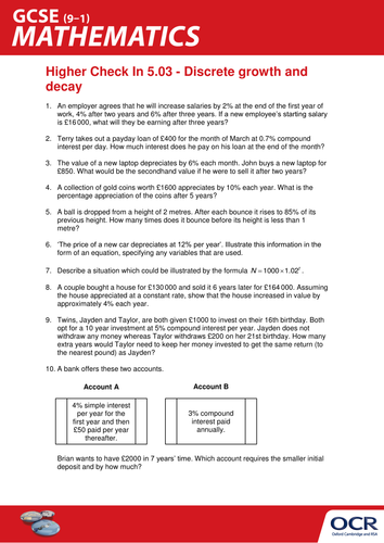 OCR Maths: Higher GCSE - Check In Test 5.03 Discrete growth and decay