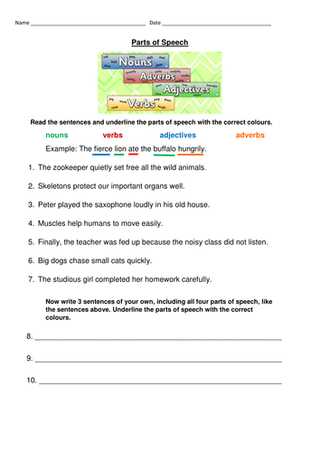 parts of speech review worksheets middle school