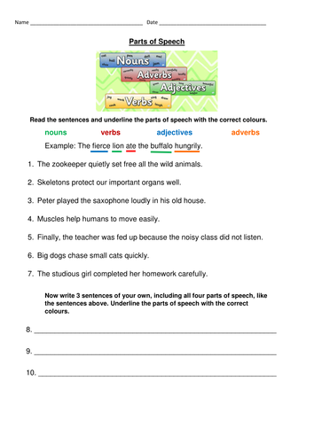 Parts Of Speech Worksheet Nouns Verbs Adjectives And Adverbs Teaching Resources