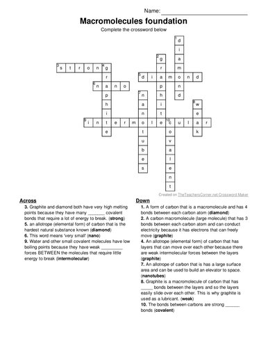 Carbon macromolecules crossword - atomic structure GCSE revision and AFL