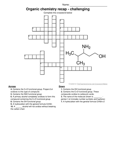 Organic chemistry functional groups crossword for revision, AFL or plenary