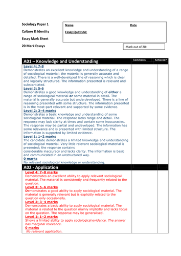 Essay Mark Sheet OCR A level Sociology Culture and Identity student feedback sheet
