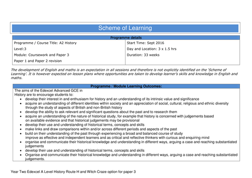 Year Two New A level scheme of learning- Edexcel paper 3 Witch Craze of England, Europe and USA