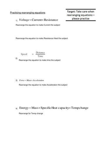 Rearranging equations practice worksheet