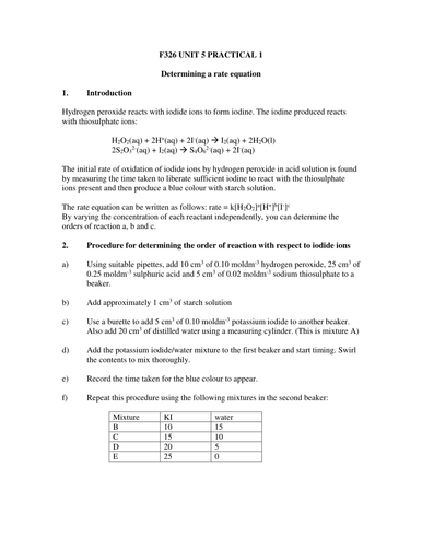 ALevel practical for detemiming the  rate equation