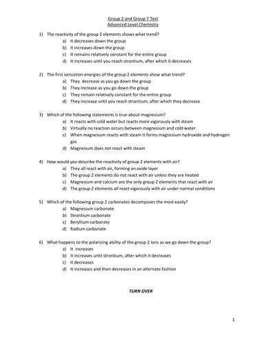 A Level multiple choice questions on group 2 and 7