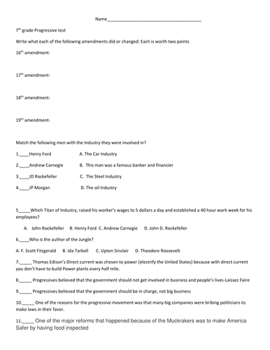 Progressivism test-7th grade