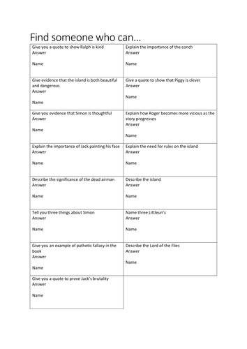 Lord of the Flies Plenary activity