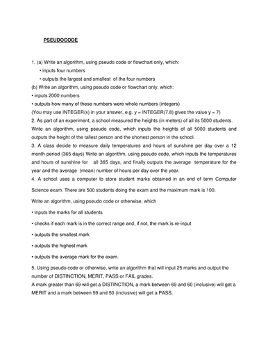 PSEUDOCODE-WORK SHEET | Teaching Resources