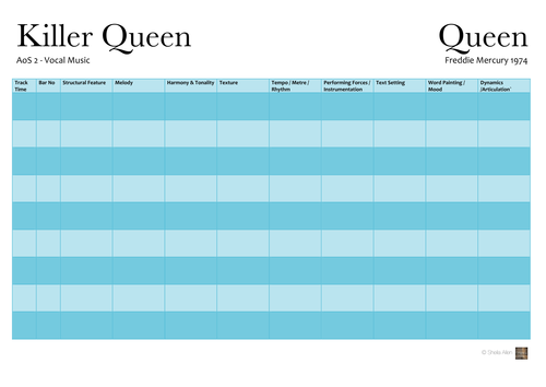 Killer Queen Grid (Edexcel GCSE Music 9-1) AoS2