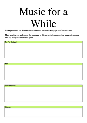 Music for a While Literacy Worksheet - Key Elements (Edexcel GCSE Music 9-1) AoS2