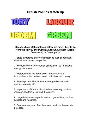 British Politics - Policies Match-up | Teaching Resources