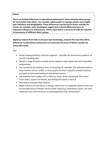 AS Sociology - Ethnicity and education 20 mark exam question