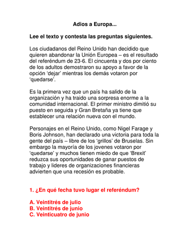 EU Referendum - Spanish Reading Comprehension