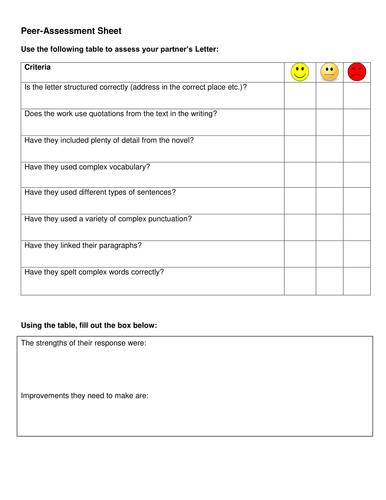 Letter writing peer assessment sheet