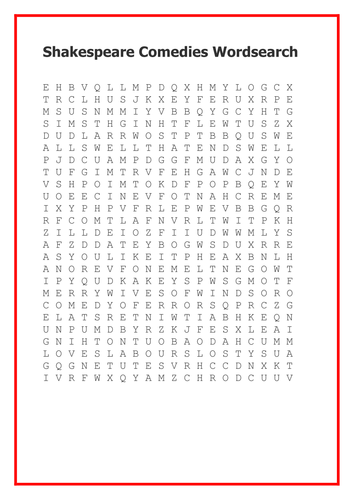 Shakespeare Comedies Wordsearch