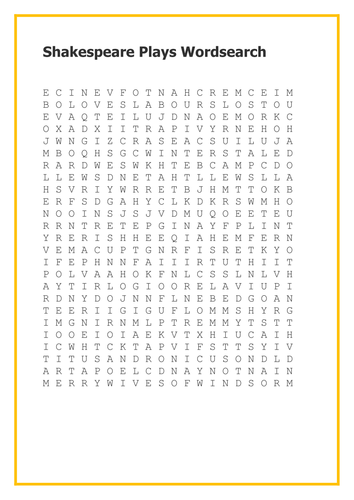Shakespeare Plays Wordsearch
