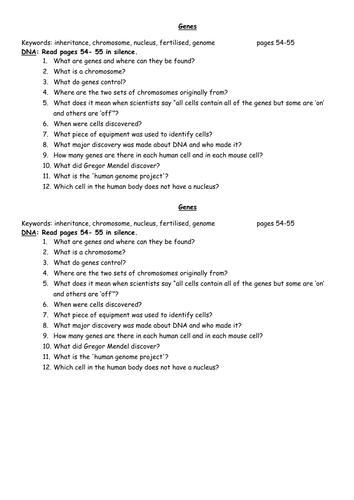 Genes and Chromosomes worksheet | Teaching Resources