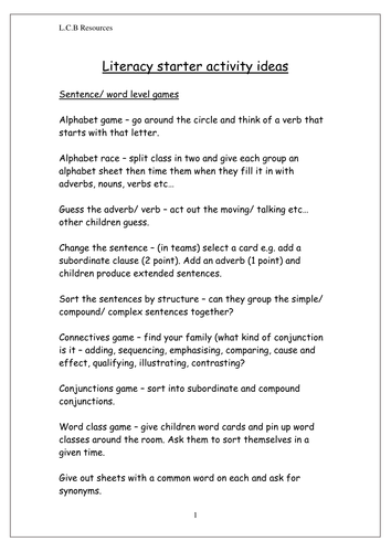 Literacy starter activities