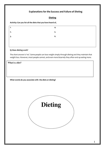 Eating Behaviour - Success and Failure of Dieting Workbook - New AQA 2016 Specification
