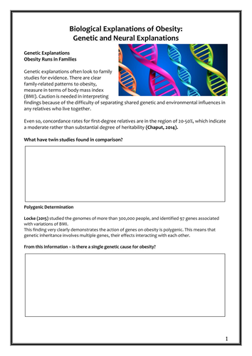 Eating Behaviour - Biological Explanations of Obesity Workbook - New AQA 2016 Specification
