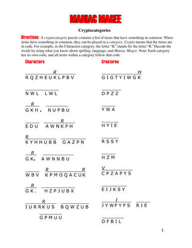 Maniac Magee 6 Cryptocategories Word Puzzleswho Doesnt Love A Code