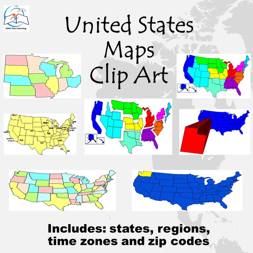 United States Map Clip Art {States, Regions, Time Zones, and Zip Codes}
