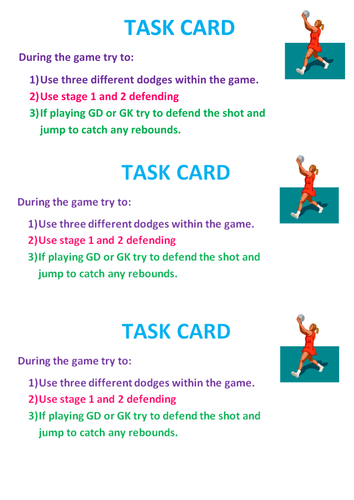 Mini task cards for netball - defending, dodging, shooting, peer-evaluation.