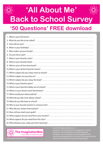 Back to School Student Survey, 50 free questions , All About Me Resource
