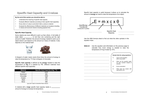 Specific Heat Capacity, U-values, Pay-back Time, Sankey Diagrams and Energy Workbook