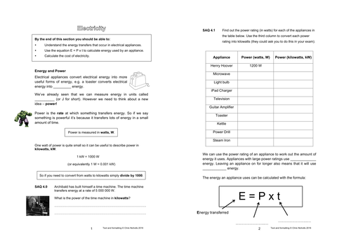 Electricity and Power Stations Workbook (Energy Transfer, Cost, Renewable Resources, National Grid)