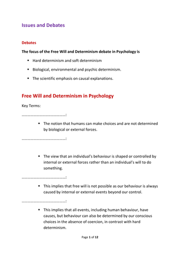 AQA new A Level Psychology Issues and Debates Paper 3: Free will and determinism worksheet