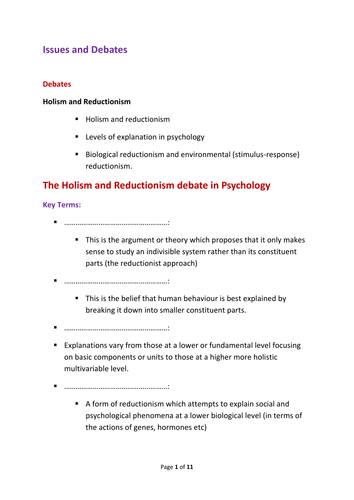 AQA new A Level Psychology Issues and Debates Paper 3: Holism and Reductionism worksheet