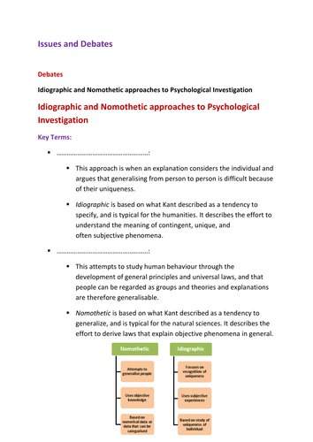 AQA new A Level Psychology Issues and Debates Paper 3: Idiographic and nomothetic approaches