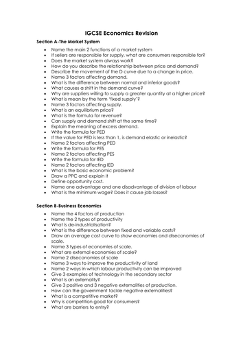 igcse economics revision questions teaching resources