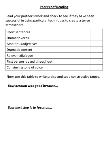 English Language Peer and Self Assessment Sheets