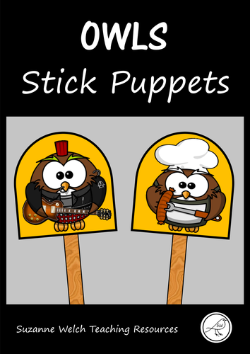Stick Puppets  -  OWLS  -  18 puppets plus a black and white template