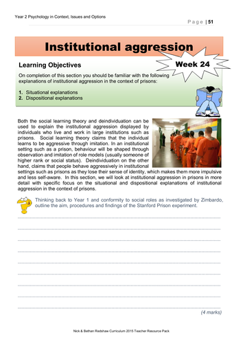 Option 3 Aggression Week 24 Workbook and Powerpoint - Explanations of institutional aggression