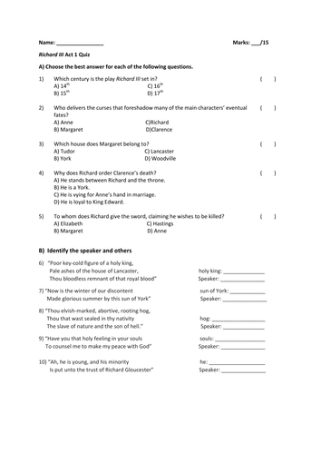 William Shakespeare's Richard III worksheets