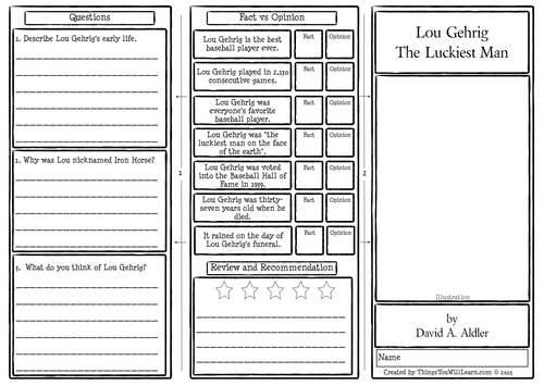 Lou Gehrig The Luckiest Man Comprehension Foldable