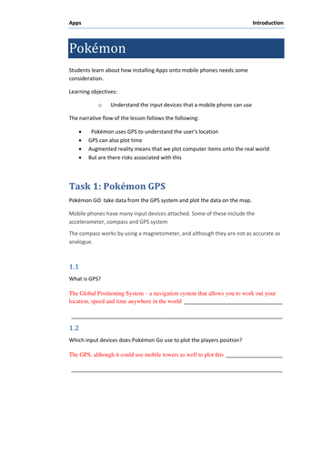 Pokémon GO Mobile input devices Computing lesson for KS3