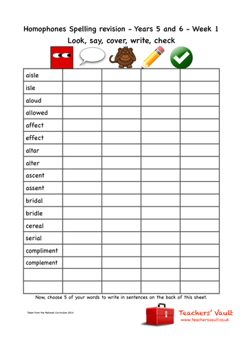 Y5&6 Homophones and near homophones spelling revision Look, say, cover, write, check activities
