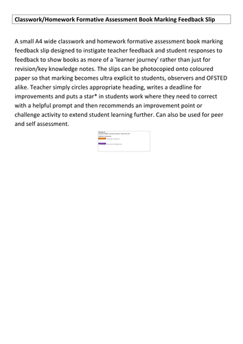 Classwork/Homework Formative Assessment Book Marking Feedback Slip