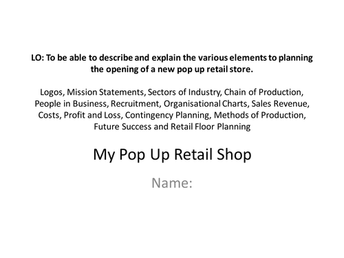 Business Studies Pop Up Retail Shop Planning