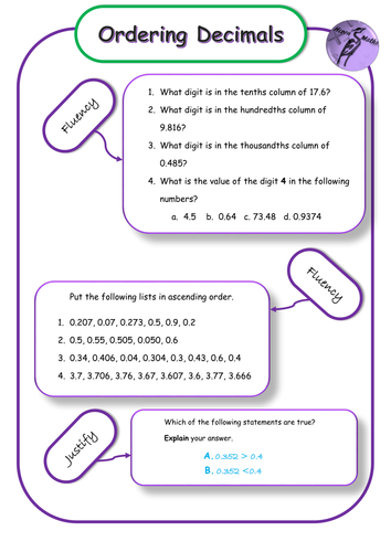 Ordering Decimals - Differentiated Mastery Worksheets