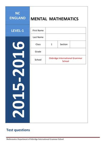 mental mathematics test-year 2